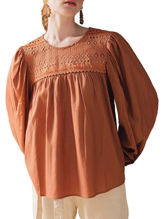 C'est Beau La Vie Women's Summer Blouse Long Sleeve Brown