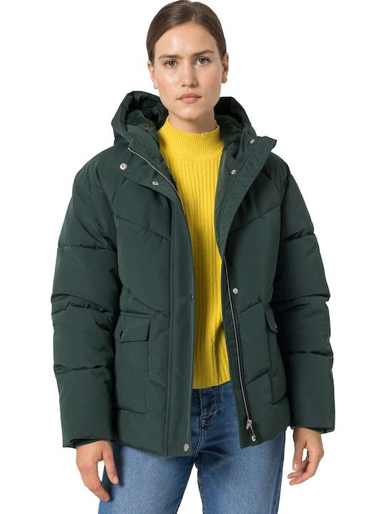 Tiffosi Kurz Damen Puffer Jacke mit pelziger Kapuze für Winter Grün