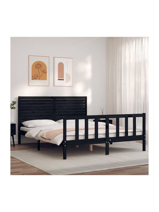 Κρεβάτι Διπλό από Μασίφ Ξύλο Μαύρο με Τάβλες για Στρώμα 150x200cm