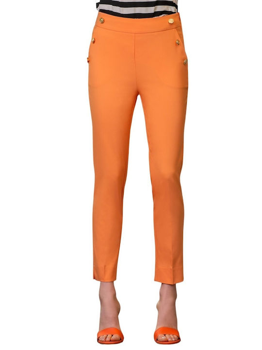 Derpouli Women's High-waisted Fabric Capri Trousers with Elastic in Straight Line Orange