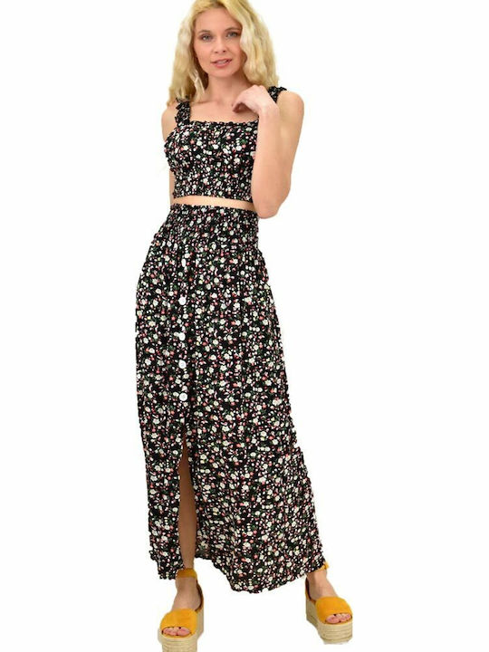 Potre Σετ με Ψηλόμεση Midi Φούστα Floral Μαύρο