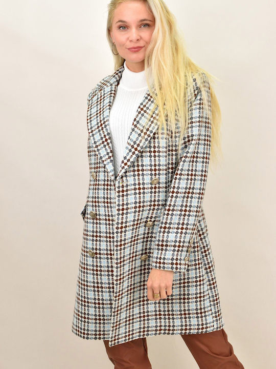 Potre Women's Checked Midi Coat with Buttons Brown