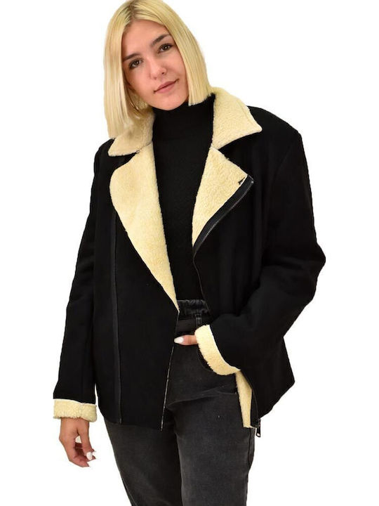 Women's Short Lifestyle Suede Jacket for Winter Black