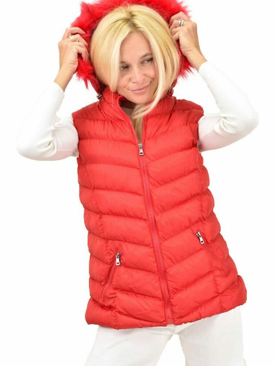 Potre Women's Short Puffer Jacket for Winter with Detachable Hood Red