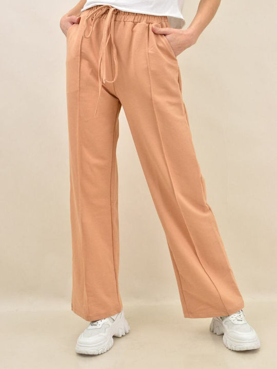 Potre Women's Cotton Trousers Flared with Elastic Beige
