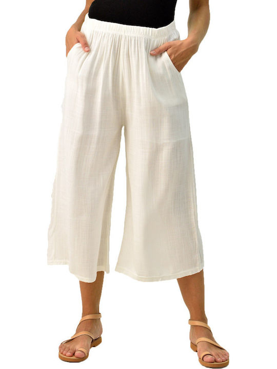 Potre Women's High-waisted Linen Trousers with Elastic in Straight Line Beige