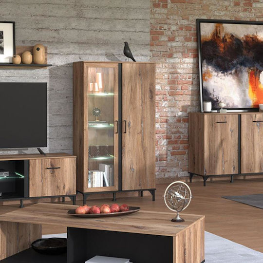 Corsica De podea Vitrină de living cu Sticlă & Iluminare Flagstaff Oak-black 84.5x35x153cm