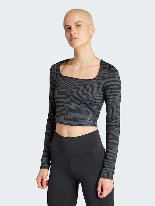 Adidas Icons Jacquard Women's Athletic Crop Top Long Sleeve Black