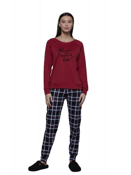 Noidinotte Winter Damen Pyjama-Set Baumwolle Burgundisch