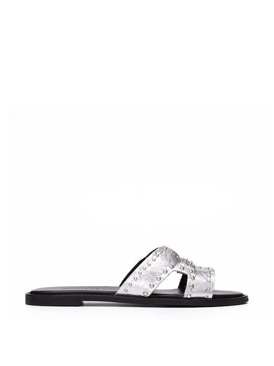 Philippe Lang Leather Women's Flat Sandals in Silver Color