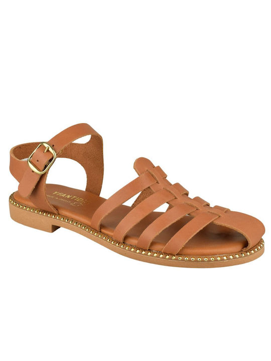 Yfantidis Leather Women's Sandals with Ankle Strap Tabac Brown