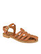 Leather Women's Flat Sandals with Strap in Tabac Brown Color