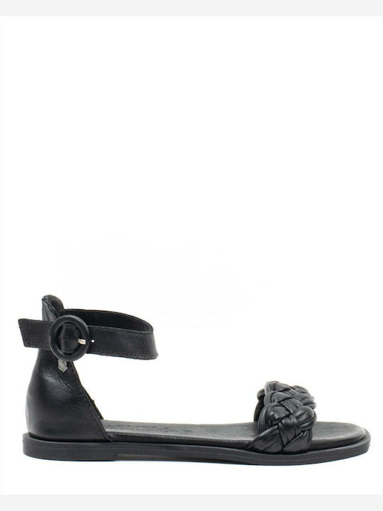 Leather Women's Flat Sandals with Strap in Black Color