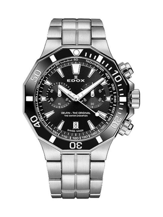 Edox Ανδρικό Ρολόι 43mm Χρονογράφος Μπαταρίας με Ασημί Μεταλλικό Μπρασελέ