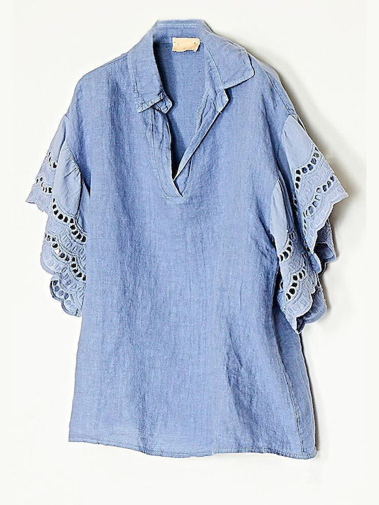 Cuca Damen Sommer Bluse Baumwolle Kurzärmelig mit V-Ausschnitt Hellblau