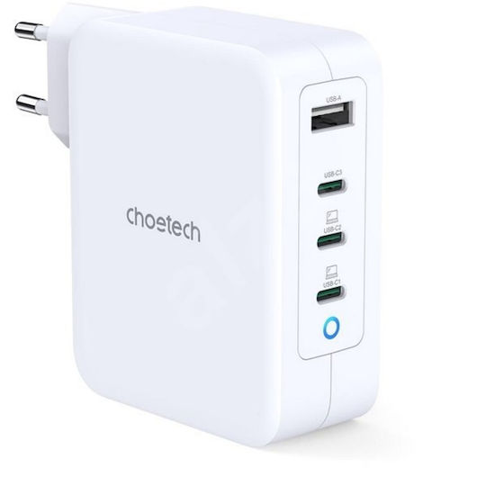 Choetech Charger Without Cable GaN with USB-A Port and 3 USB-C Ports 130W Whites (PD6001)
