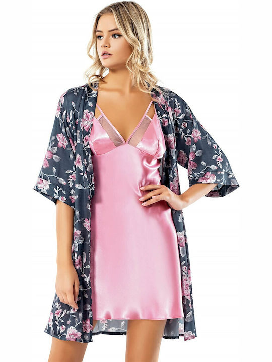 Kal-tsa Sommer Damen Satin,σατεν Robe mit Nachthemd Rosa