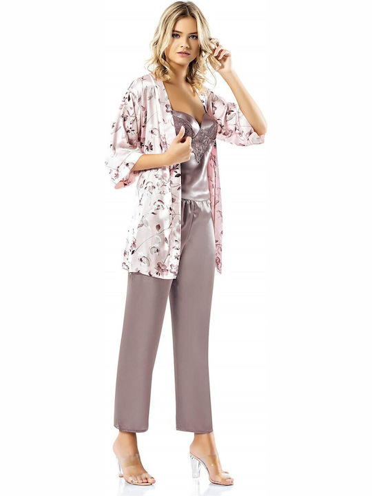 Kal-tsa Sommer Damen Satin,σατεν Robe mit Pyjama Beige