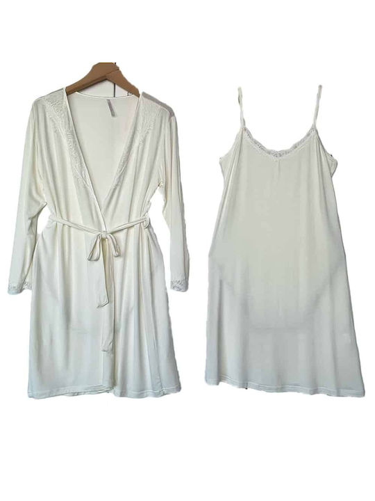 Caress Sommer Damen Baumwolle Robe mit Nachthemd Weiß