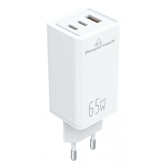 Powertech Încărcător Fără Fir GaN cu Port USB-A și 2 Porturi USB-C 65W Livrarea Energiei / Quick Charge 4.0 Alb (PT-1094)