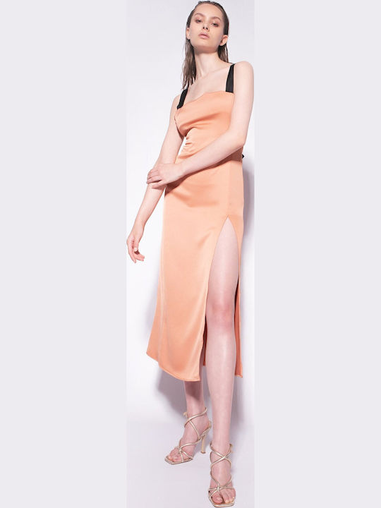 Pink Macadamia Summer Midi Evening Satin Dress with Tearing Pink