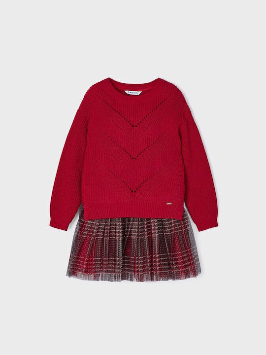 Mayoral Παιδικό Φόρεμα Σετ με Μπλούζα Βελούδινο Καρό Κόκκινο