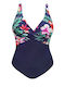 One Piece Swimsuit with Removable Padding for Large Bust Floral Navy Blue