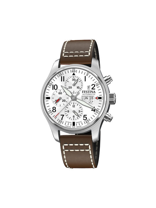 Festina Uhr Chronograph Automatisch mit Braun Lederarmband