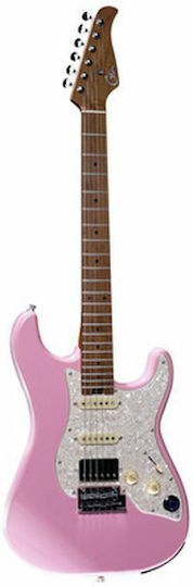 Mooer Elektrische Gitarre Stratocaster mit HSS Tonabnehmerkonfiguration Shell Pink mit Tasche