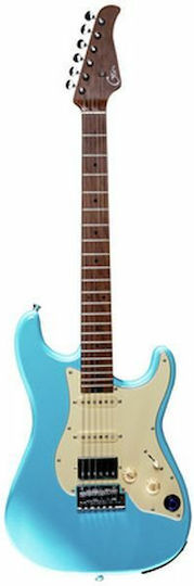 Mooer Elektrische Gitarre Stratocaster mit HSS Tonabnehmerkonfiguration Sonic Blue mit Tasche