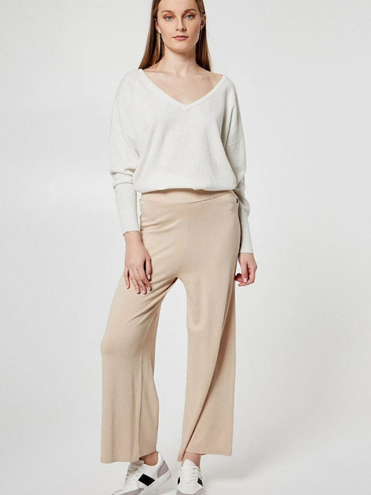 Women's Fabric Trousers Flared with Elastic Regular Fit Beige