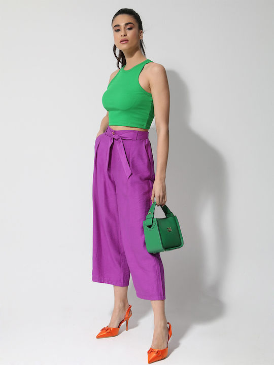 Pantaloni Dama Largi Violet Cu Talie Înaltă