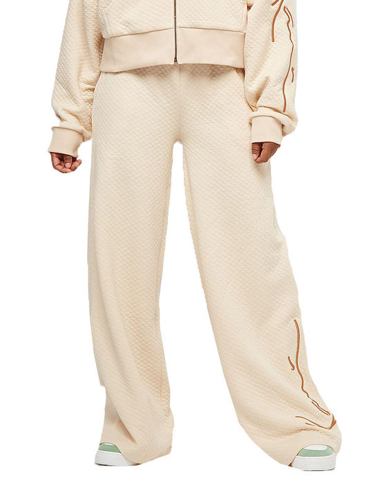 Karl Kani Signature Women's Fabric Trousers in Wide Line Beige