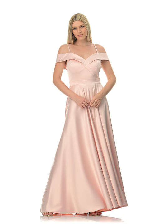 Farmaki Sommer Maxi Kleid für Hochzeit / Taufe Satin Schulterfrei Grün