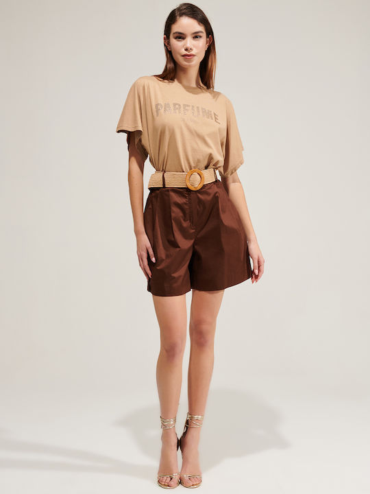 Cotton shorts with pleats and belt R.R. ROB6125 Chocolate