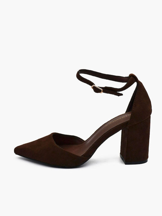 Joya Suede Pointed Toe Brown Heels with Strap