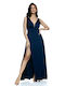 RichgirlBoudoir Summer Maxi Evening Dress Satin Draped with Sheer Blue