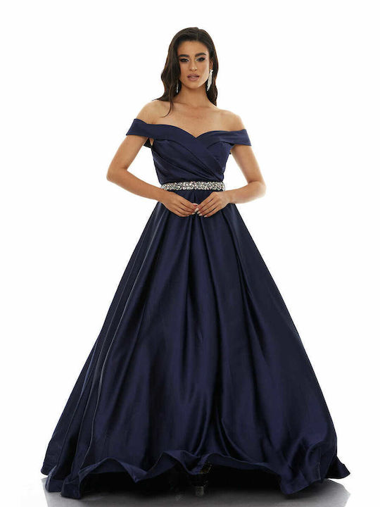 RichgirlBoudoir Maxi Dress for Wedding / Baptism Satin Off-Shoulder Navy Blue