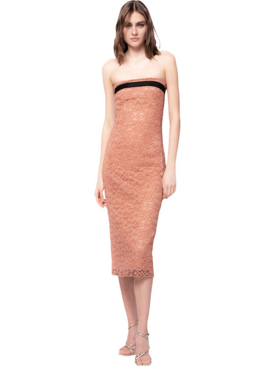 Pera Lace Καλοκαιρινό Midi Φόρεμα για Γάμο / Βάπτιση Strapless με Δαντέλα Ροζ