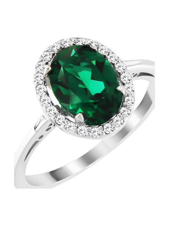 Kiriakos Gofas Single Stone Ring in 18K White Gold with Emerald and Diamonds