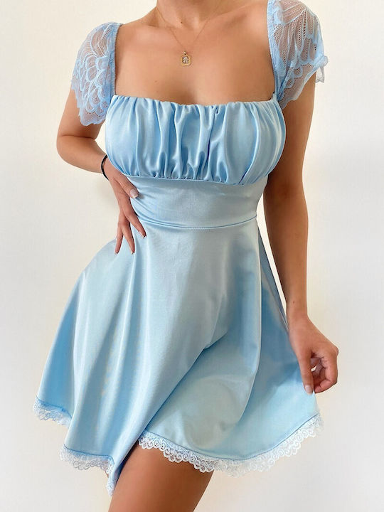 DOT Summer Mini Evening Dress with Lace Light Blue