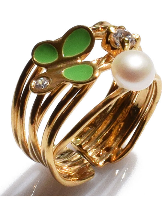 Bizoutaki Ring with Pearls, Zircon & Enamel made of Silver Gold Plated