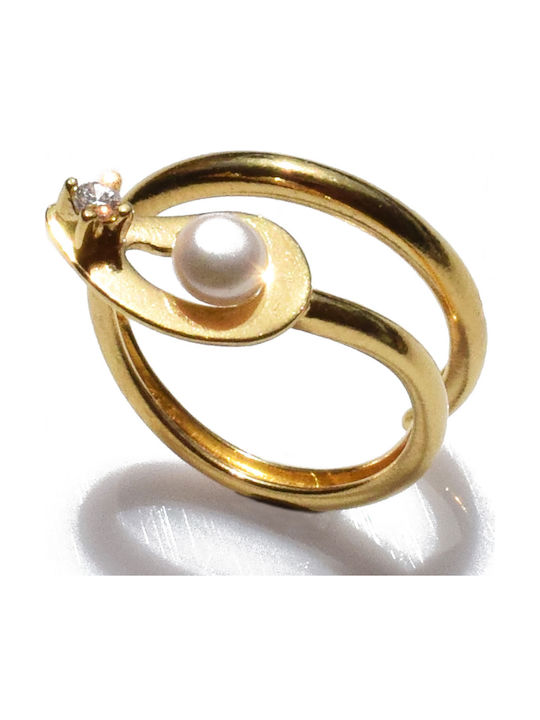 Bizoutaki Ring with Pearls & Zircon made of Silver Gold Plated