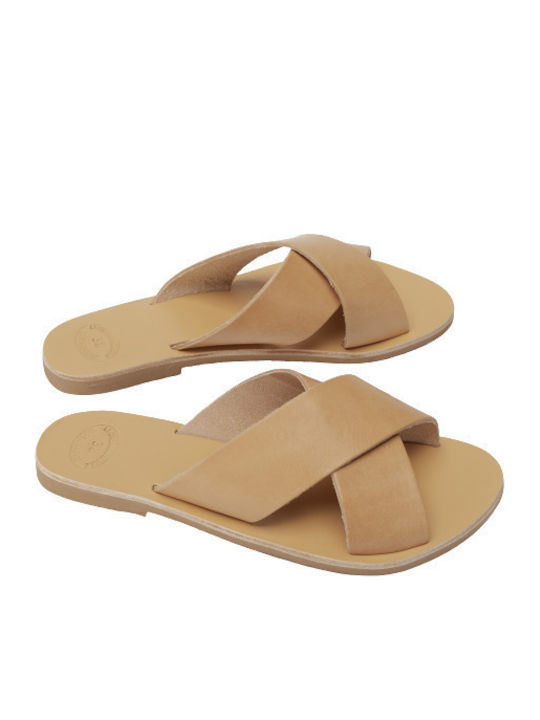Leather Women's Flat Sandals in Beige Color