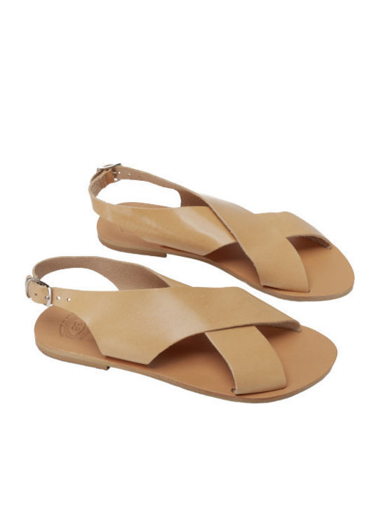 Leather Women's Flat Sandals in Beige Color