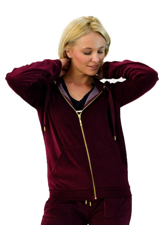 First Woman Women's Hooded Velvet Cardigan Burgundy