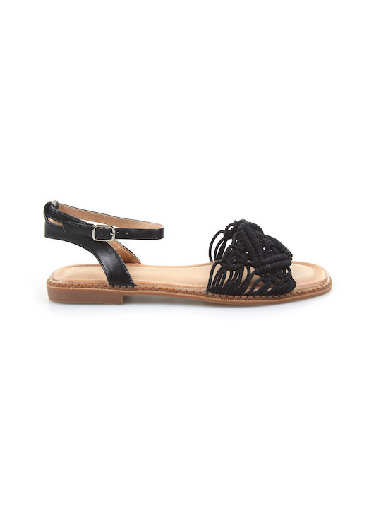 Fshoes Women's Flat Sandals with Strap in Black Color