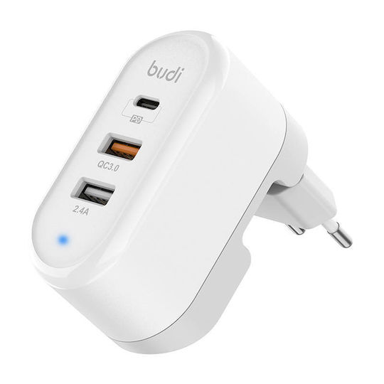 Budi Φορτιστής Χωρίς Καλώδιο με 2 Θύρες USB-A και Θύρα USB-C Quick Charge 3.0 Λευκός (315TE)
