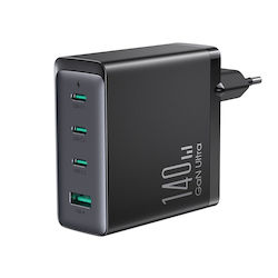 Φορτιστής με Θύρα USB-A και 3 Θύρες USB-C και Καλώδιο USB-C 140W Power Delivery Μαύρος (JR-TCG05EU)