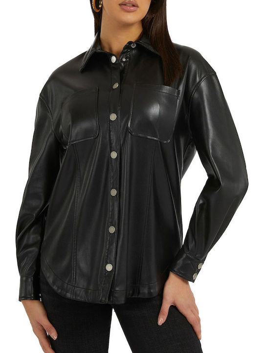 Guess Women's Leather Long Sleeve Shirt Black